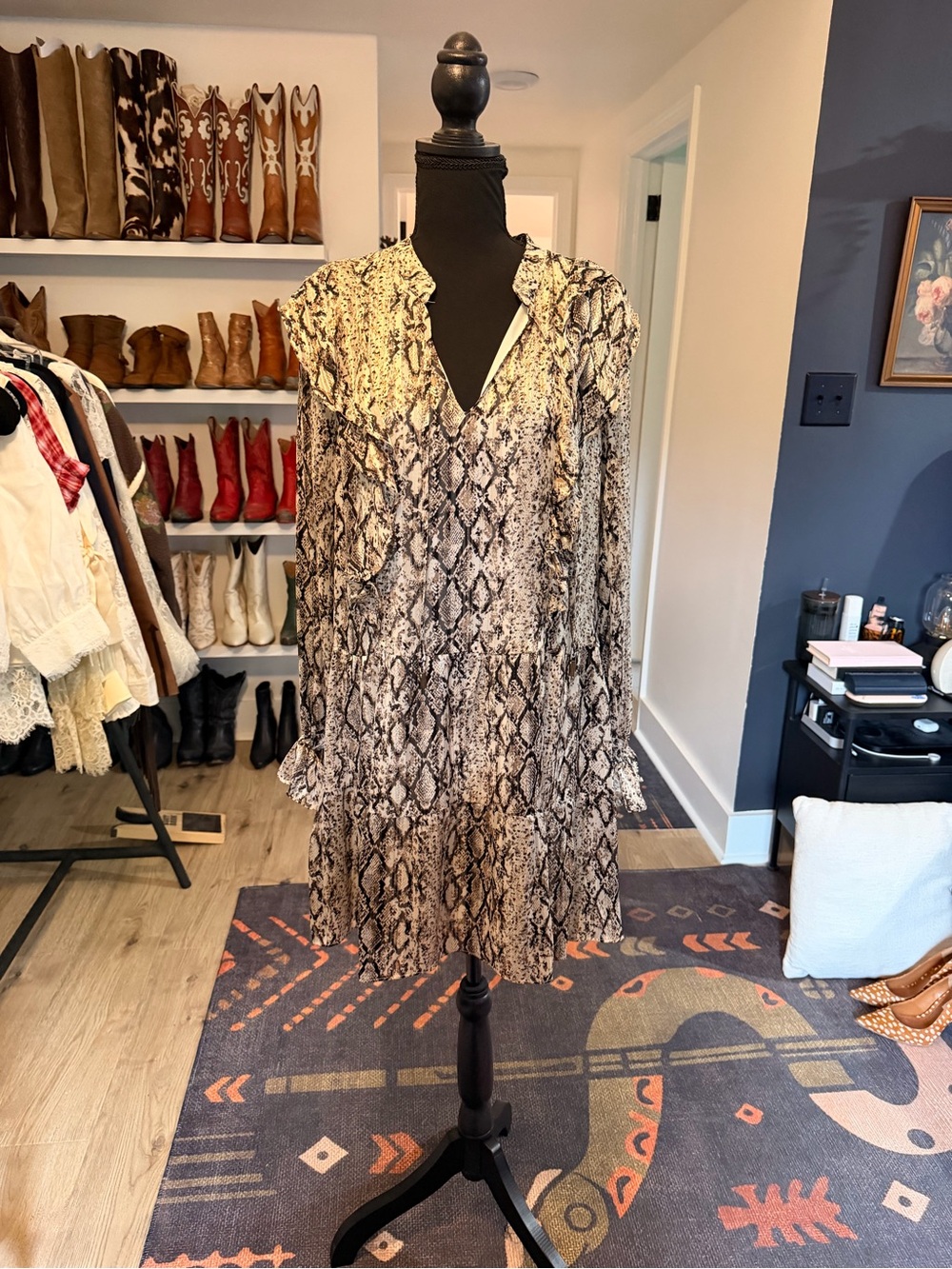 THML Neutral Snake-Print Tiered Mini Dress
